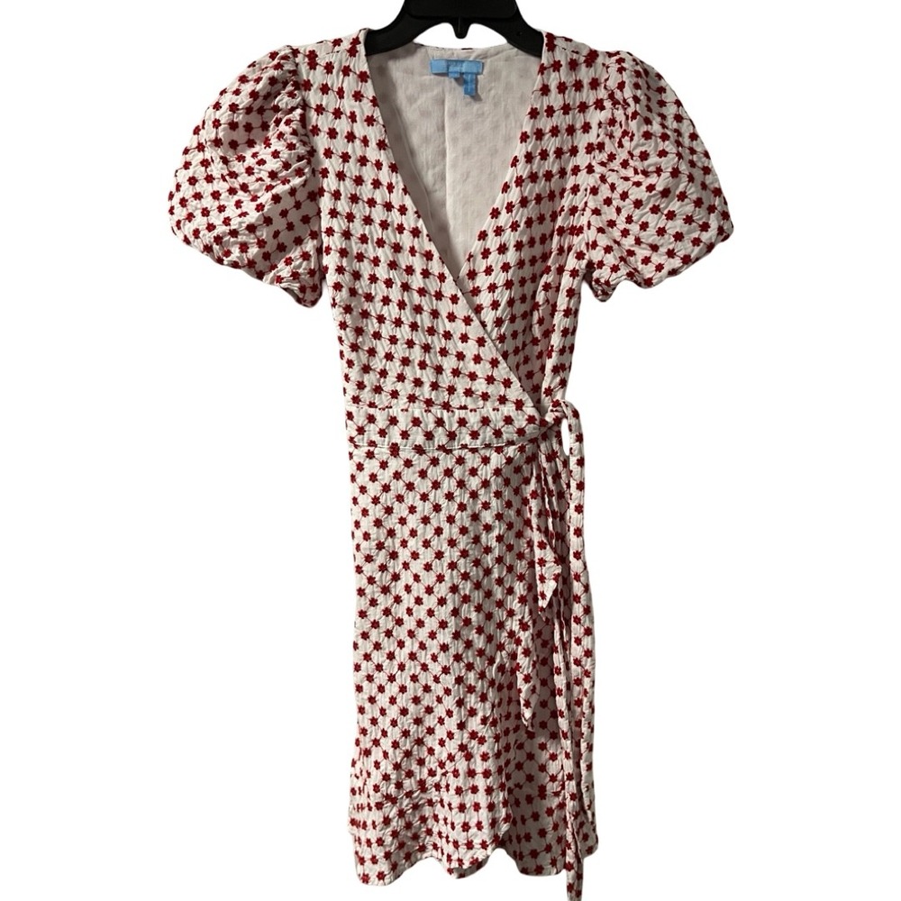 Draper James RSVP Womens XS White Red Floral Embroidered Cotton Wrap Mini Dress